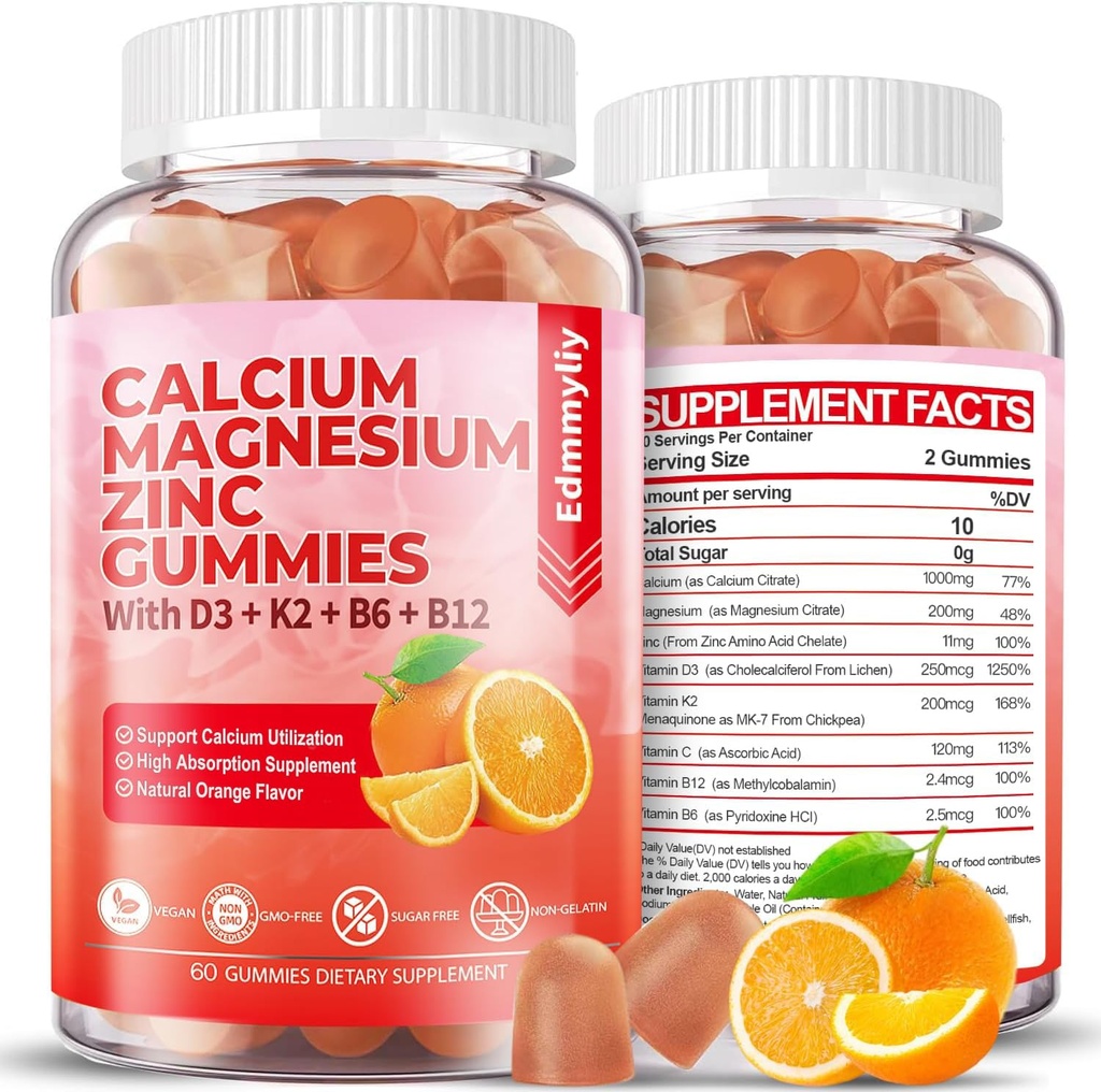 Zucchero Gratuito Magnesio Zinco Integratore Gummies con Vitamina D3 & B12 per Donne e Uomini Alto Assorbimento Calcium Magnesio Supplemento per Supporto Immune (120 Conti)