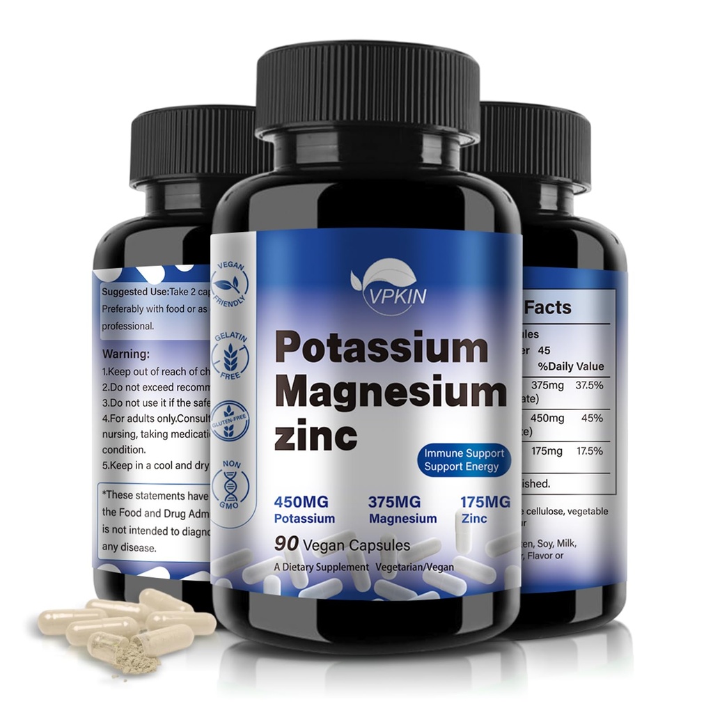 Supplemento di magnesio di potassio 1000mg, Aspartato di zinco di potassio di magnesio ad alto assorbimento (90 capsule)