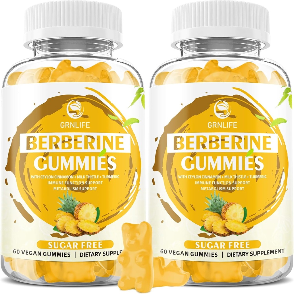 Gummie di Berberina con Ceylon Cinnamon 1500mg High Potency Berberine HCL supplemento per il supporto immunitario e metabolico, senza zucchero, aroma di ananas - 120 Conte