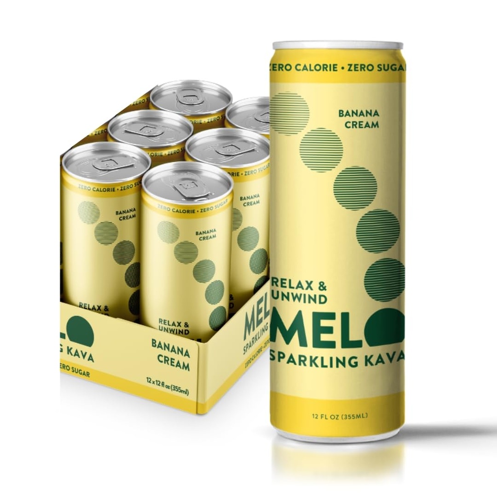 Melo Scintillante Kava Beva, Crema Banana, Zucchero Bevande non alcoliche gratuite con Calorie Zero, Gluten Free, Vegan, 100% Natural Mocktail con 100mg Kava Root per Drink, 6 Pack, 12 oz Cans