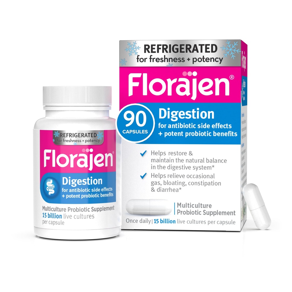 Florajen Digestion Probiotic - Advanced Gut Health Supplement for Constipation & Bloating Relief - 15 miliardi di culture dal vivo - Formula Multi-Strain - Refrigerata per Potency & Freshness - 90 capsule