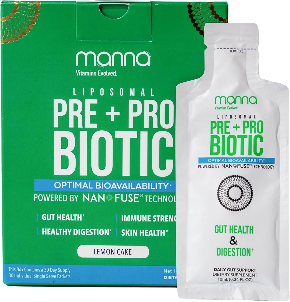 Manna Vitamine Evolute Liposomali Prebiotici + Probiotici Packets – 40 miliardi di CFU, 8 Strains – Gut, Digestivo, Supporto Immune – Alto assorbimento, Shelf-Stable, Supplemento giornaliero, 30 Serve singole