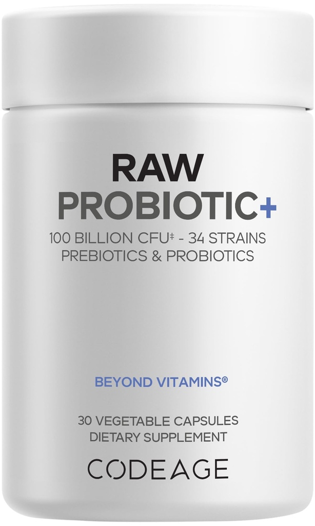 Codeage Raw Probiotic+ Supplemento - 34 Probiotici Strains, 100 miliardi di CFU, Raw Whole Food Probiotics, Digestive Enzymes, Raw Fruits & Veggies Prebiotics - Wild Kefir Culture - Non-GMO - 30 Capsule