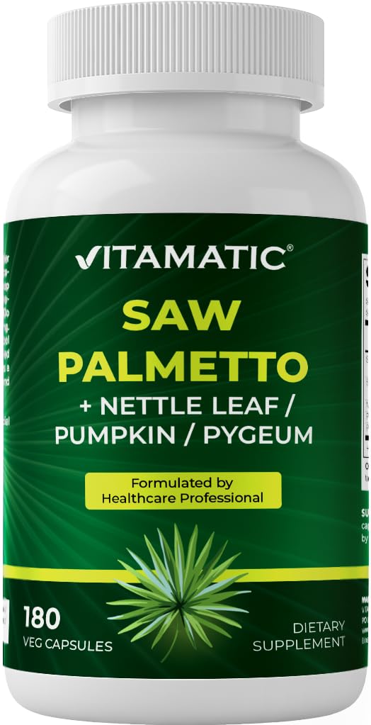 Estratto di Palmetto Segato Vitamatico per Uomo & Donne 180 capsule di Veg - Realizzato con semi di zucca, Pygeum, Foglia di ortica - Made in the USA - Promuove la funzione di prostata sana