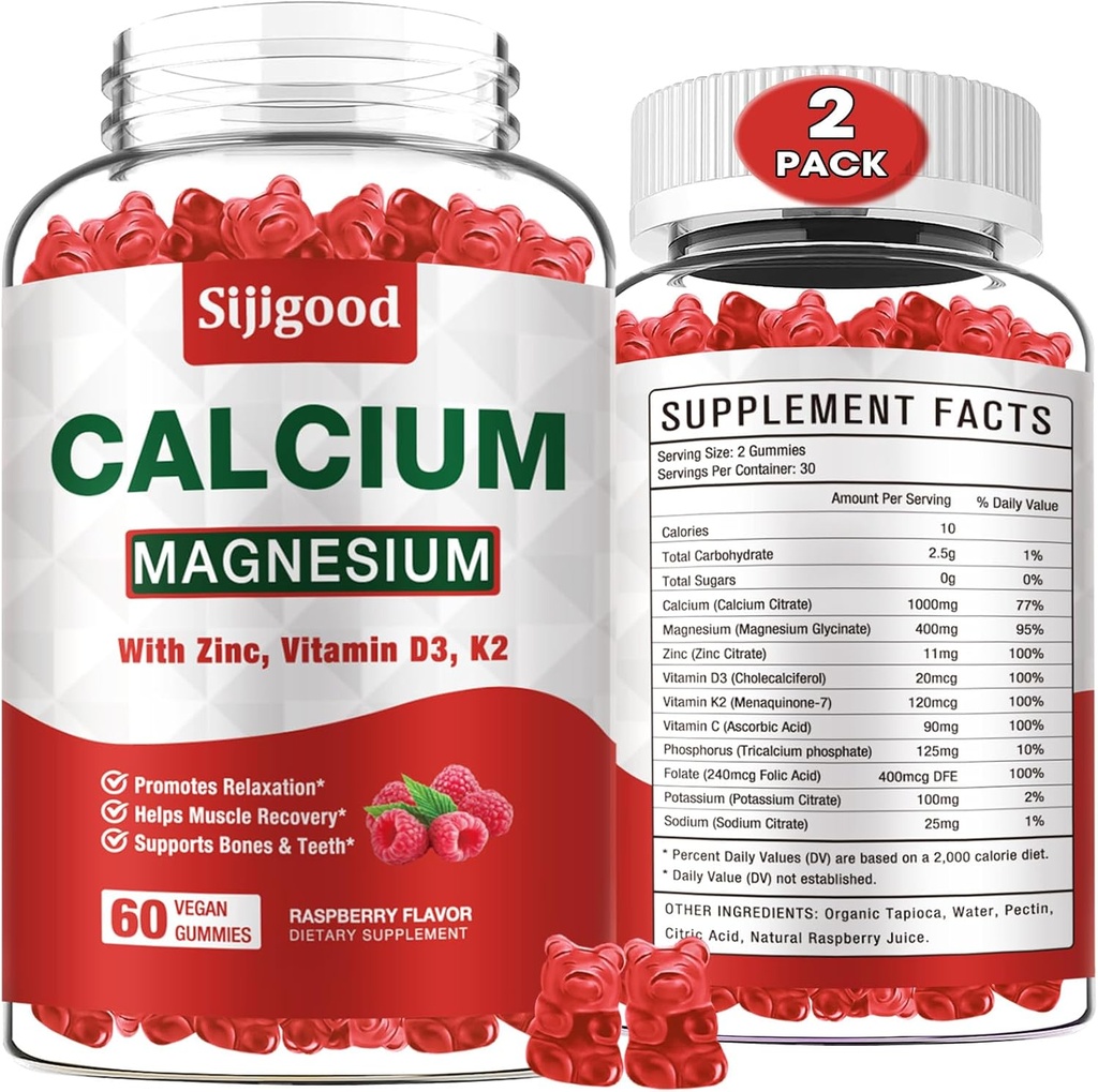 Gummie di zinco di magnesio 2 Pack con vitamina C D3 K2, Gummie di calcio per Bone, Muscolo, Supporto calma & Zzz, Formula ad alto assorbimento con potassio di zinco di magnesio, lampone aromatizzato 120 Cts