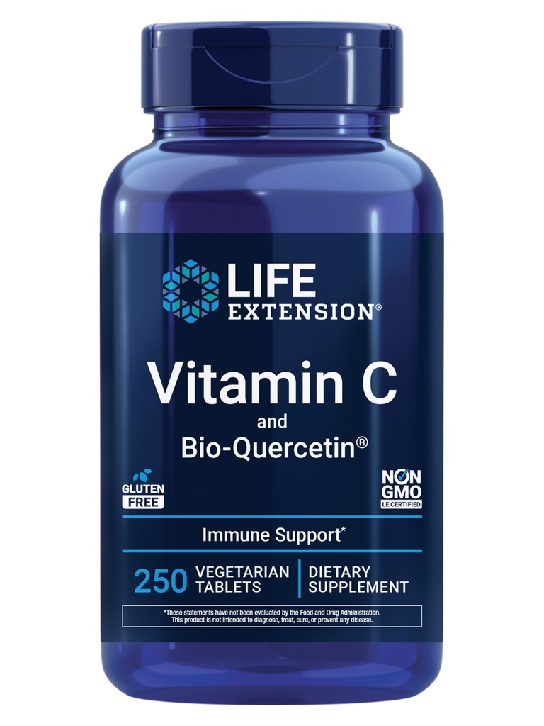 Vitamina C e Bio-Quercetin®, Integratore di salute cardiovascolare, Supporto immunitario, Altamente assorbibile, quercetina, Vitamina C, Senza glutine, Non OGM, Vegetariano, 250 compresse