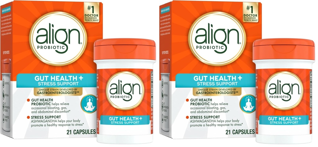 Allineare Probiotico, Digestivo De-Stress, Probiotico per le donne e gli uomini con Ashwagandha, Aiuta con una risposta sana a stress, senza glutine, Soia Libero, Vegetariano, 21 capsule (Pack of 2)