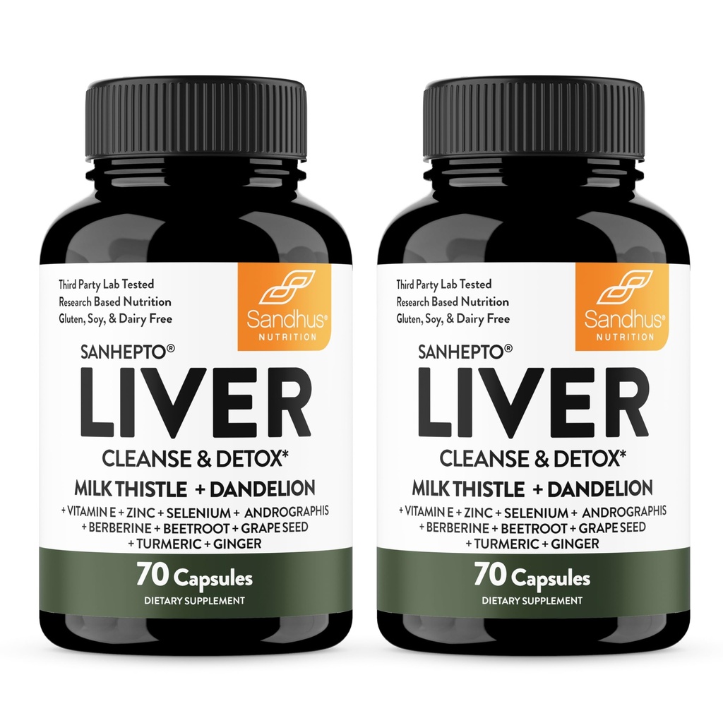 Sandhu's Liver Cleanse Detox & Repair Support | 70 Capsules (Pack of 2) | Integratore di erbe per la salute del fegato | Latte Thistle Dandelion Root Andrographis with 8 Minerals