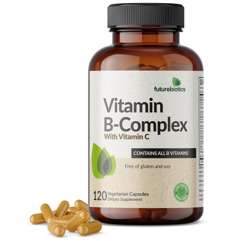 Futurebiotici Vitamina B Complex con Vitamina C Supporta la Produzione Energetica, Sistema Nervoso e Supporto Immune - Non OGM, 120 Capsule Vegetariani