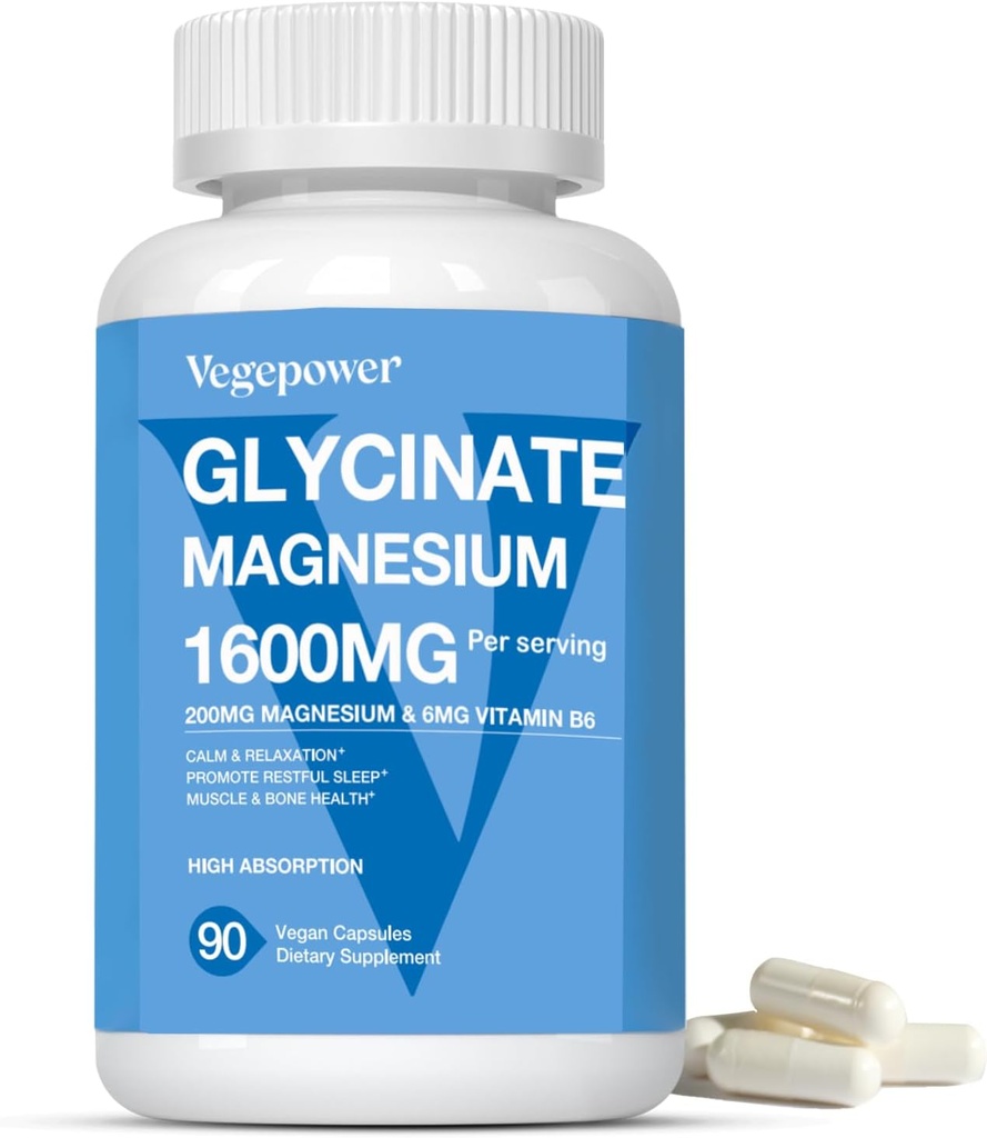 Magnesio Glycinate 1600mg Integratori - con Vitamina B6 & Zinc, Vitamina D3, Magnesio Chelato per Sonno, Muscolo, Bone e Salute Immune, Magnesio ad alto assorbimento, Non OGM, Capsule Vegan 90