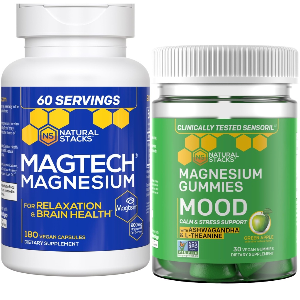 Natural Stacks Magtech Magnesio + Mood Magnesio Gummies Bundle - 4 Forme di Magnesio - Rilassamento, Salute del cervello e supporto per lo stress* - 210 Pezzi totali