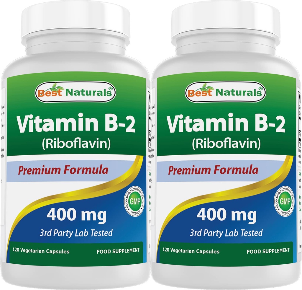 Best Naturals Vitamin B2 (Riboflavin) 400mg - Migraine Relief - Capsule Veggie - Precursore Conezyme - 120 Count (120 Count (Pack of 2))