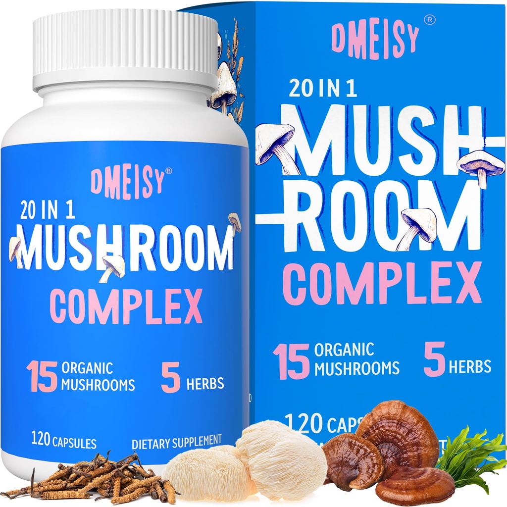 Mushroom Supplement 2600mg, 20-in-1 Mushroom Complex, con Lions Mane, Cordyceps, Reishi, Tail Turchia, Chaga - Integratori cerebrali per Memoria e Focus, Integratori di Memoria, Mood, Immunità, 120 Capsule