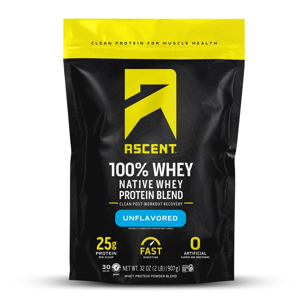 Ascesa 100% polvere di proteine del siero di latte - Isolato di proteine del siero post-allenamento, aromi e dolcificanti artificiali zero, senza glutine, 5.5g BCAA, 2,6g leucina, non aromatizzato 2 lb
