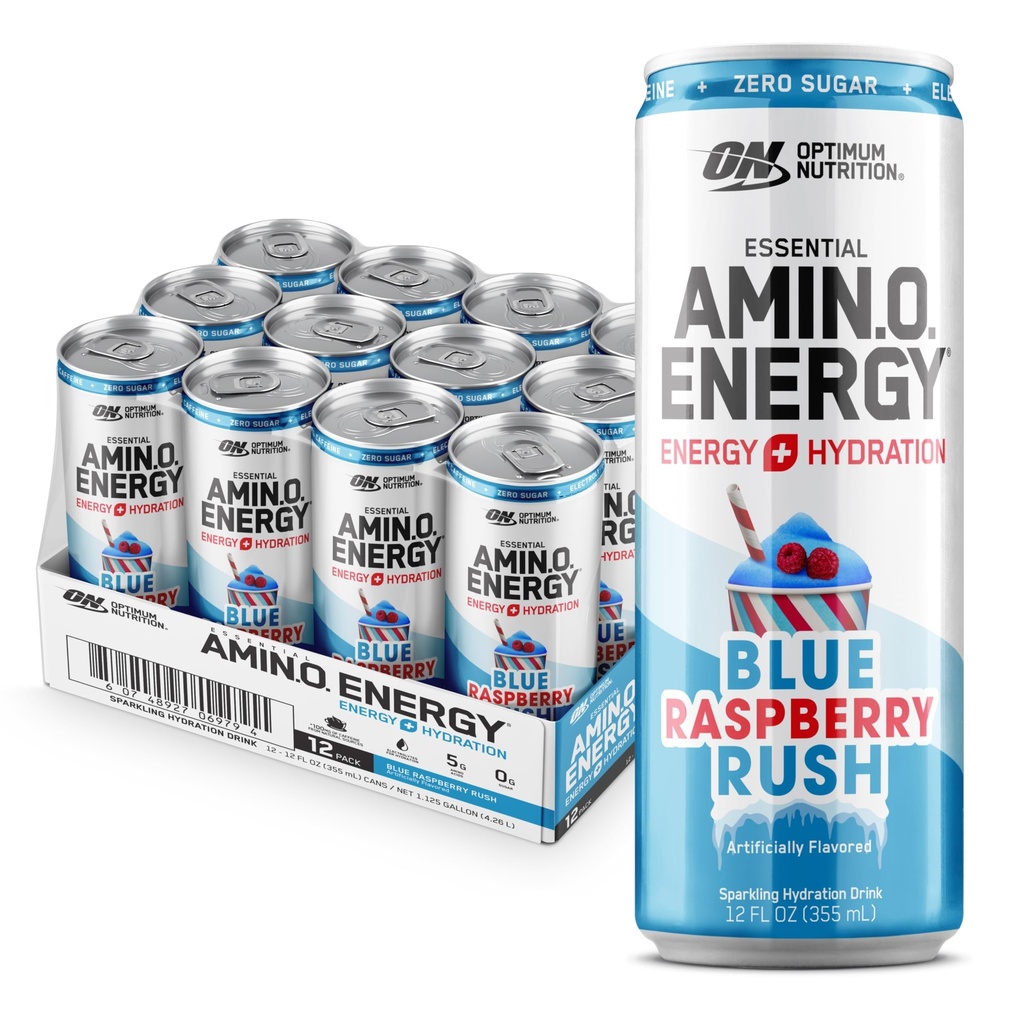 Optimum Nutrition Amino Energy Sparkling Hydration Drink, Electrolytes, Caffeina, Aminoacidi, BCAAs, Sugar Free, NEW Blue Raspberry Rush, 12 Fl Oz, 12 Pack (Packaging May Vary)