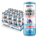 Optimum Nutrition Amino Energy Sparkling Hydration Drink, Electrolytes, Caffeina, Aminoacidi, BCAAs, Sugar Free, NEW Blue Raspberry Rush, 12 Fl Oz, 12 Pack (Packaging May Vary)