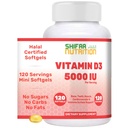 SHIFAA NUTRITION Vitamina Halal D, Vitamina Halal D3, 5000 IU Softgels, 120 Serve. Non OGM, Senza glutine, Supporti: Struttura, Bones, Teeth, Cuore, Muscolo e Funzioni immunitarie