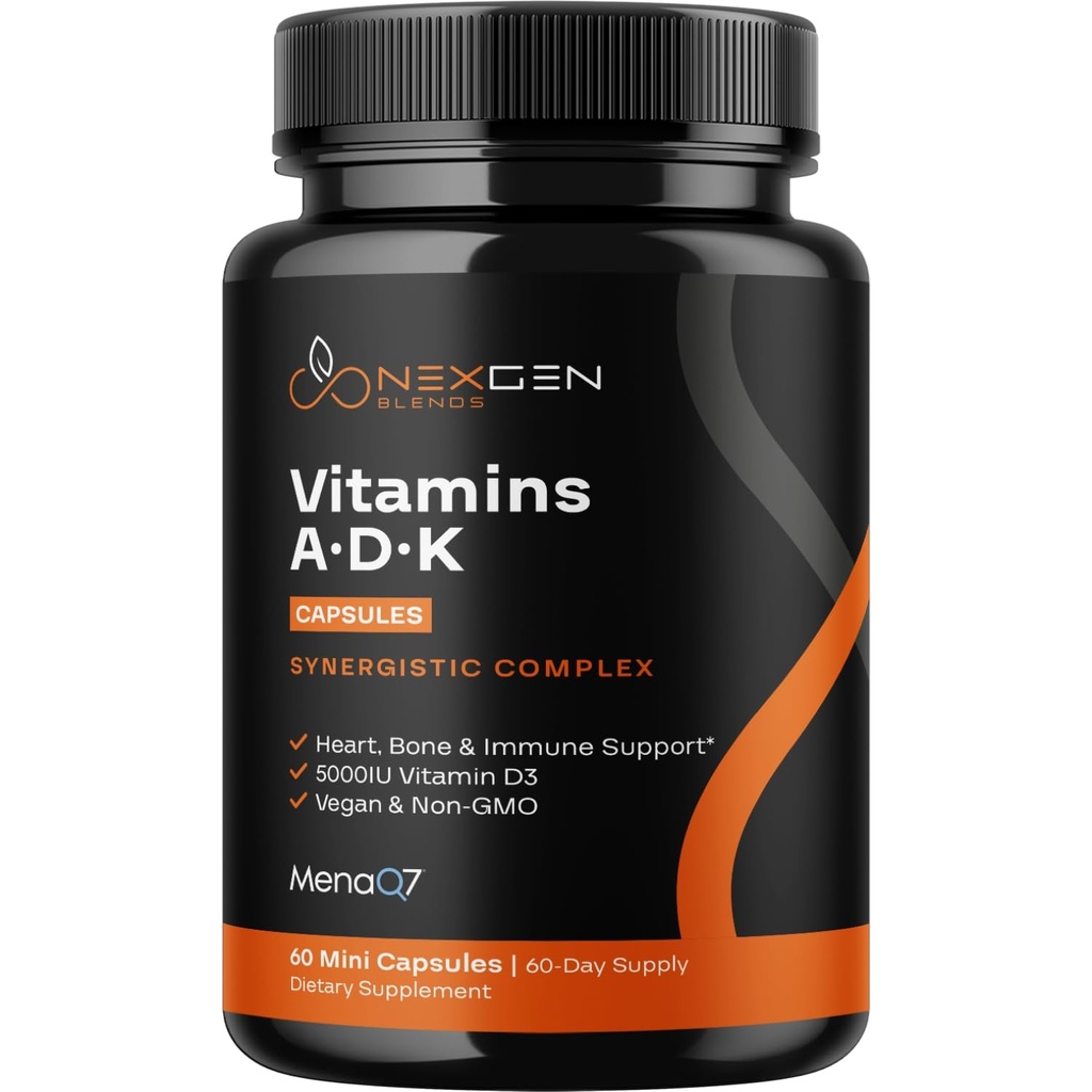 Supplemento di vitamina ADK ad alto assorbimento - vitamina D3 K2 vegana MK7 & A per il regolamento di calcio Plus Bone tiroide e supporto immunitario - vitamina ADK con 5000IU D3 Non OGM & Gluten Free (2 mesi)