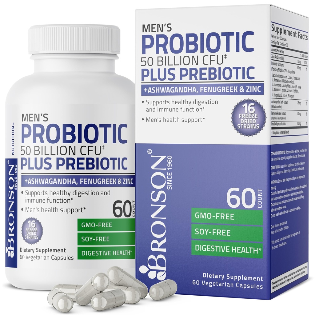 Bronson Probiotic 50 miliardi di CFU Plus Prebiotico con Ashwagandha, Fenugreek & Zinc, Supporta la digestione sana e funzione immunitaria Non OGM, 60 capsule vegetariane