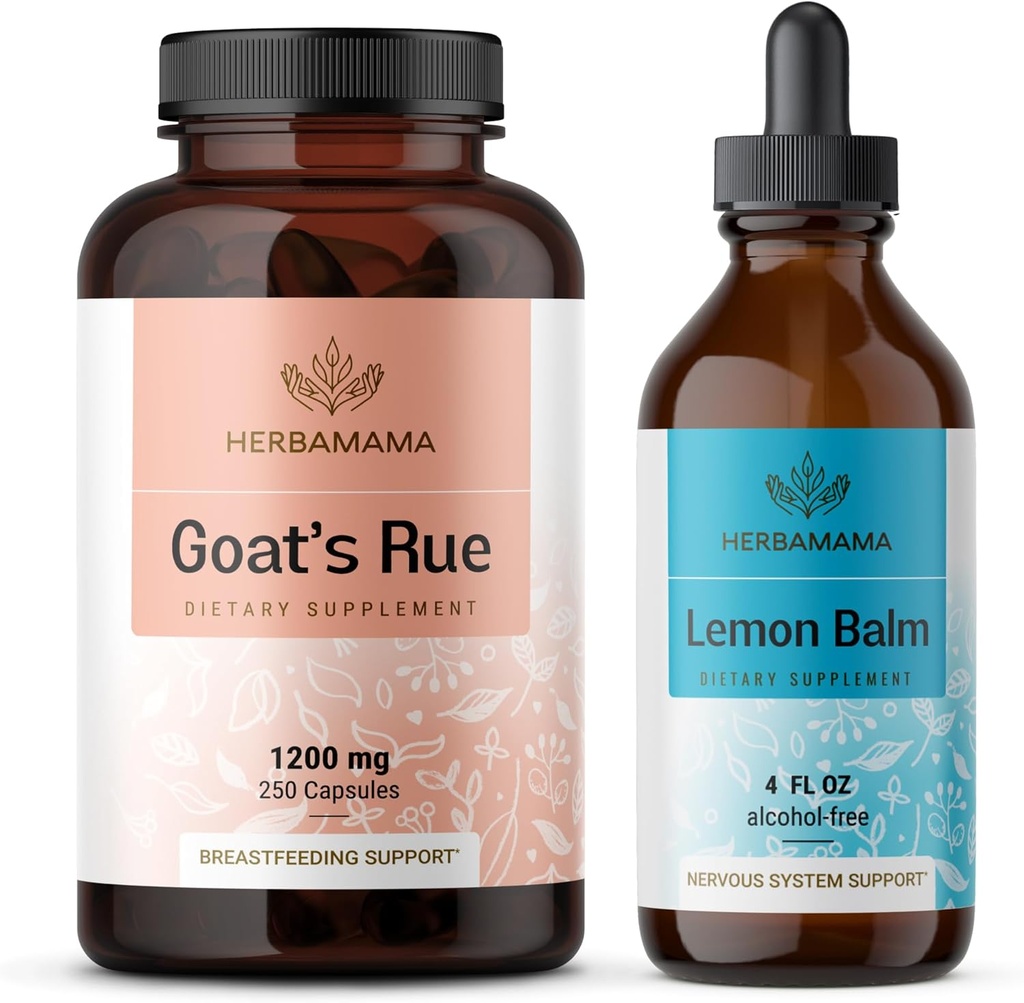 HERBAMAMA Goat's Rue and Lemon Balm Kit - Bundle di 1200 mg Goat's Rue Capsules & Lemon Balm Liquid Drops 4 fl oz - Vegan, Non-GMO, Sugar & Alcohol-Free - 2 Pack