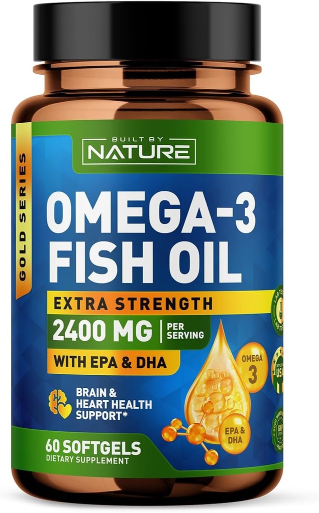 Costruito da natura Omega 3 Fish Oil Soft Gel - 2400 mg Fish Oil, 1440 mg Omega 3, 864 mg EPA, 576 mg DHA - Supplemento di supporto per la salute del cervello e del cuore - 60 Softgels
