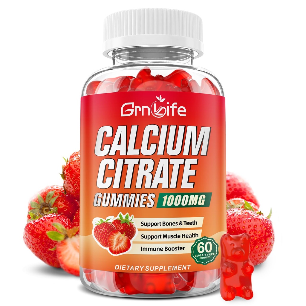 Citrato di calcio Gummies, Citrato di calcio senza zucchero 1000mg per muscolo sano, assorbente supplementi di calcio per adulti e bambini, fragola, 60 conte