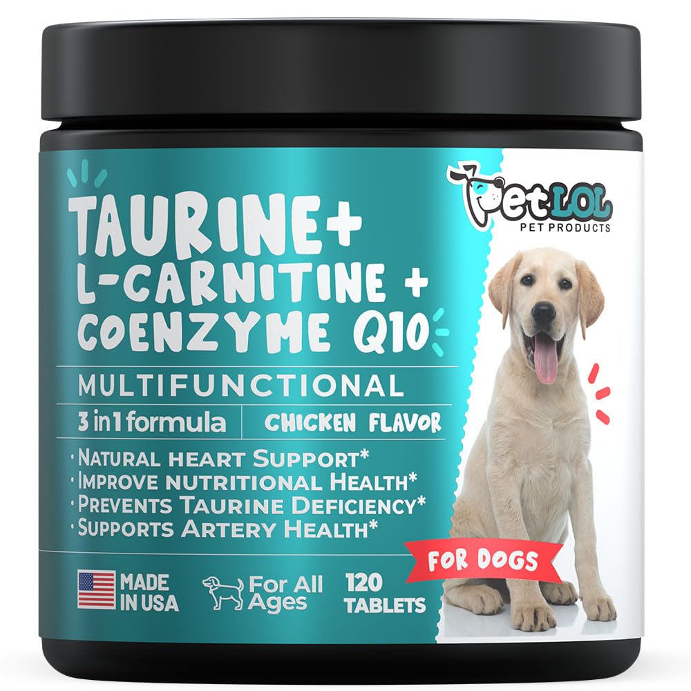 Taurina Supplemento per cani con L-Carnitina e Coenzyme Q10 (CoQ10): Vet Endorsed for Enlarged Heart (DCM), Insufficienza cardiaca congestiva, Taurina carenza: 3-in-1 | Supplementi per cani- 120ct