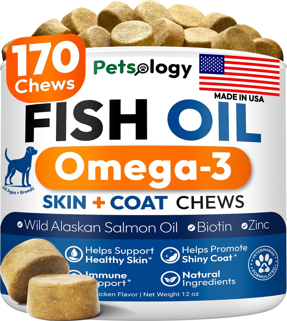 Omega 3 Fish Oil for Dogs - 170 Chews - Omega 3 per cani Itchy Skin & Allergy Relief - Skin & Coat Supplement - EPA & DHA acidi grassi - Cane Anti Shedding & Hot Spot Trattamento - Olio di salmone