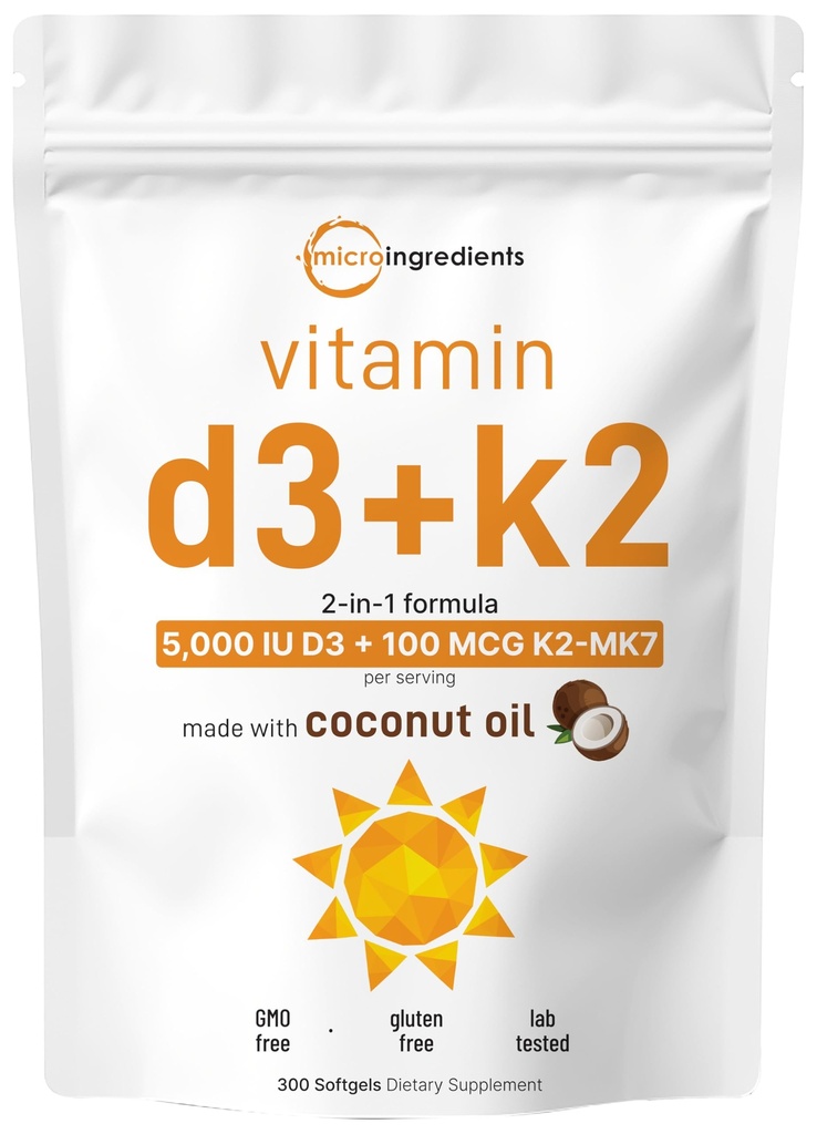 Micro ingredienti Vitamina D3 5000 IU + K2 MK-7 100 mcg, 300 Softgels | Virgin Coconut Oil | 2-in-1 Bone, Immune & Heart Support | Facile da ingoiare, Non OGM