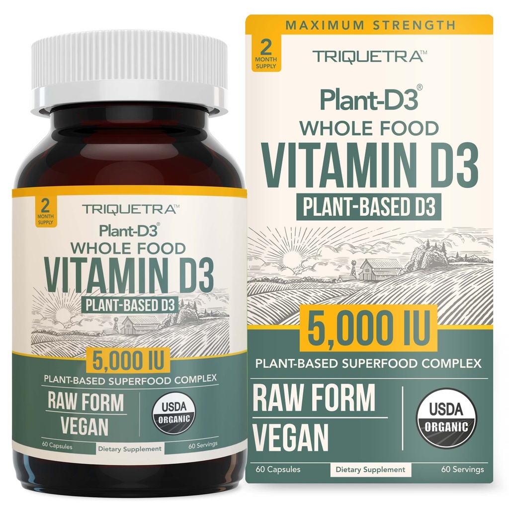 Vitamina organica D3 5000 IU - 100% intero cibo & pianta-based Cholecalciferol forma, 100% Vegan vitamina D - potenziato con Prebiotici & Superfood Complex – Organic, Vegan, GMO & Gluten Free (60 capsule)