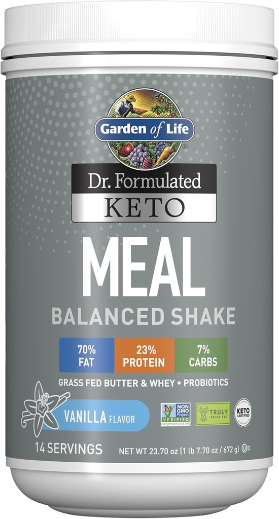 Giardino della vita Dr. Formulated Keto Meal Balanced Shake - Vanilla Powder, 14 Serve, Truly Grass Fed Butter & Whey Protein plus Probiotics, Non OGM, Gluten Free, Ketogenic, Paleo Meal Sostituzione