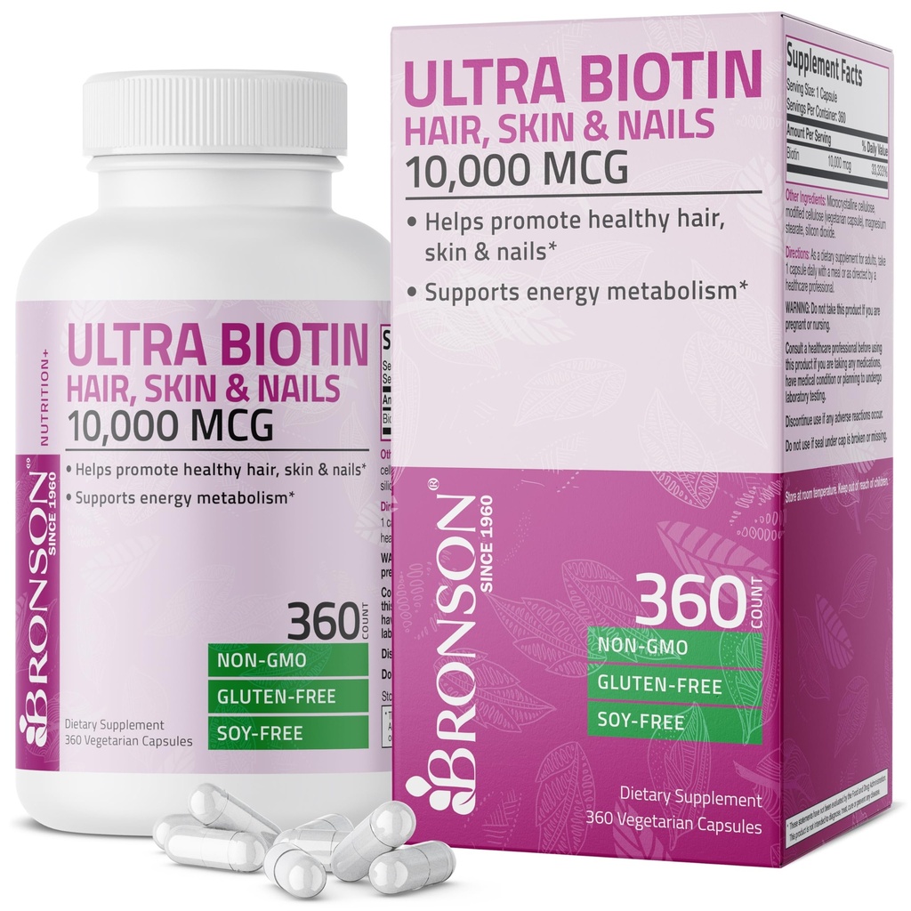Bronson Ultra Biotin 10.000 Mcg Integratore per capelli e unghie, Non OGM, 360 Capsule Vegetariani