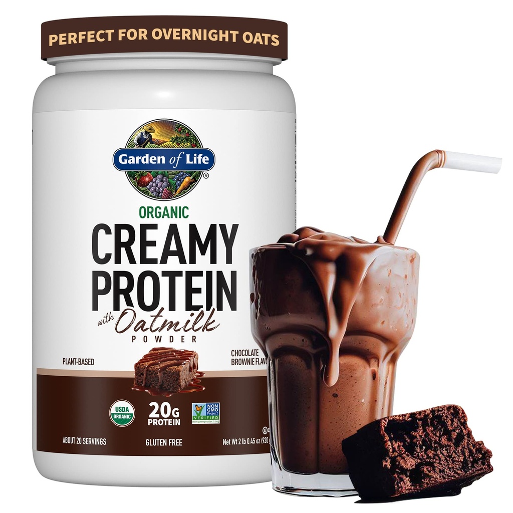 Giardino della vita Polvere proteica vegana organica cremosa + OatMilk, 20g Proteina a base vegetale completa, Acqua di cocco, MCT, Grani dispersi, Prebiotici, Probiotici – Senza glutine, Brownie di cioccolato, 2 LBS