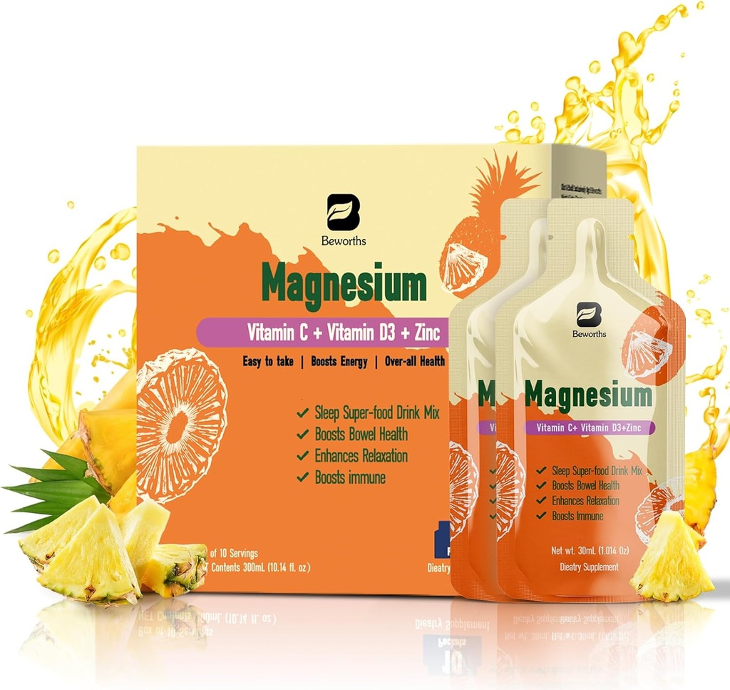 Magnesio Citrato Liquido Supplemento, con Bromelain, Vitamina C, D3, B6, Zinco, Alta Assorbimento Magnesio Citrato Soluzione orale, Magnesio per costipazione, Zzz & Energy, Ananas, 10 Fl Oz