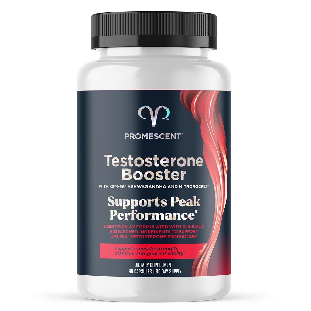 Promescent Testosterone Booster for Men Supplement w/Tongkat Ali (LongJack), KSM-66 Ashwagandha, Goat Weed, Fenugreek & Tribulus Terrestris, Supporta energia naturale, Stamina & Strength, 90 Capsule