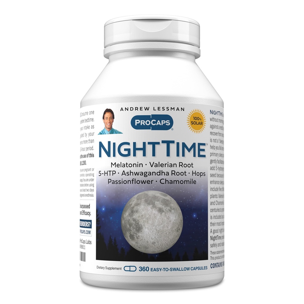 ANDREW LESSMAN Night Time 360 Capsules - 3mg Melatonin, Valerian, Ashwagandha, Passionflower, Hops, Camomilla. No Morning Grogginess. Supporto naturale, sonno riposante delicato. Capsule facili da ingoiare