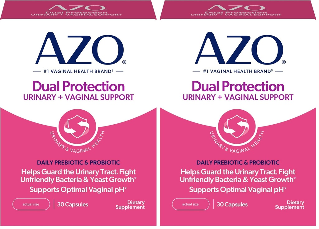 AZO Dual Protection | Supporto urinario + vaginale* | Prebiotic Plus clinicamente provato Probiotico femminile | inizia a lavorare entro 24 ore | Non OGM | 30 Conte (Pack of 2)