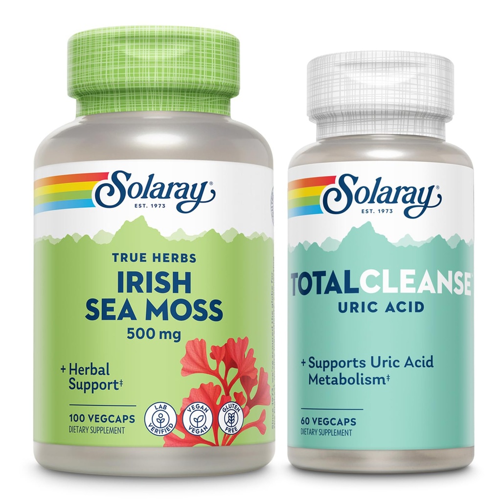 SOLARAY Irish Sea Moss e Total Cleanse Uric Acid - Benessere e salute comune Bundle w/Naturally Occurring Vitamine, Minerali, Bacteria Live, Plus Tart Cherry, Turmeric and Celery Seed, 100/60ct