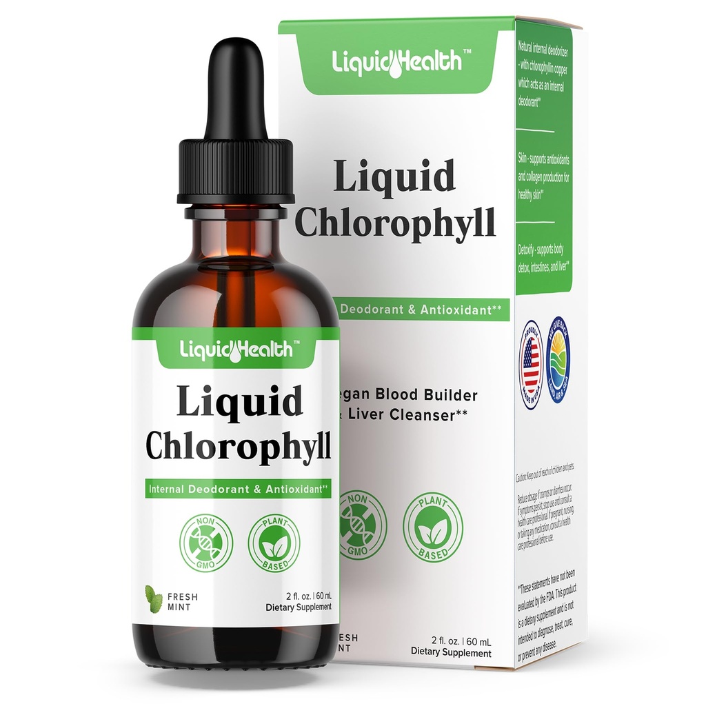 Gocce di clorofilla liquida LIQUIDHEALTH - Deodorizzatore interno, disintossicazione del fegato, supporto immunitario, Promuovere il collagene per capelli e pelle, Stop cattivo respiro, Ridurre l'appetito - Made in the USA, Vegan, Non-GMO (2 oz)