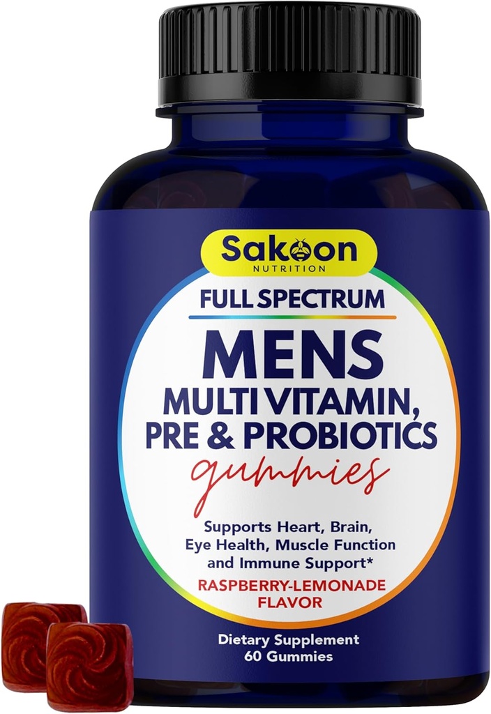 Sakoon nutrizione Men's Multivitamin Gummies con Probiotici e Prebiotici, Adult Multivitamin A, C, D, E, B & More, Support Immune, Energy, Health, 60 Count