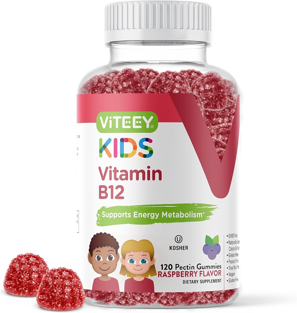 Viteey Vitamina B12 per bambini Gummies, 1000mcg - Metabolismo, Natural Energy Support - Vegan, Gelatin Free, Gluten Free, GMO Free - Tasty Chewable B12 Raspberry Flavored Gummy