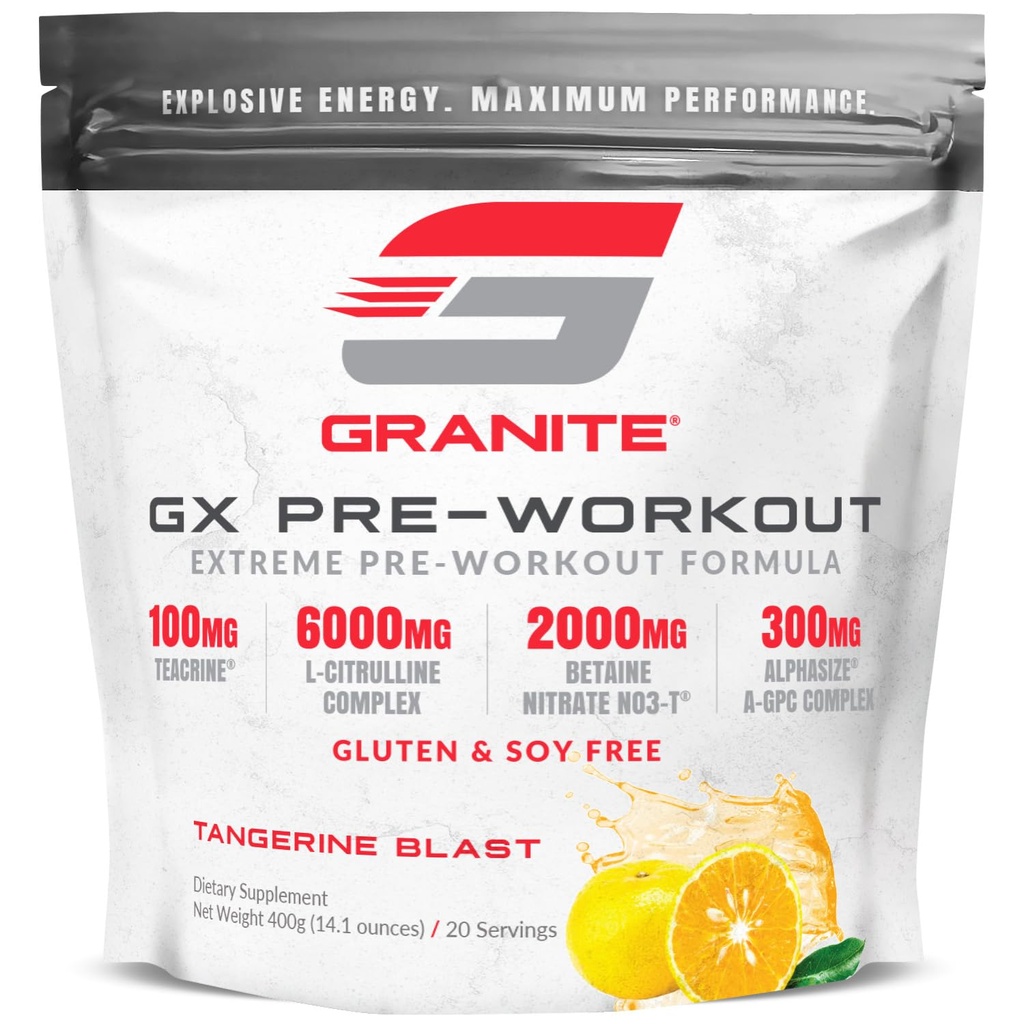 Granite GX Pre Workout Supplement, Tangerine Blast Flavor, Supporta Focus, Energy, & Performance con Teacrine, L-Citrulline, Betaine, & A-GPC (20 Serve)