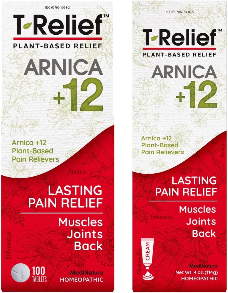 MediNatura T-Relief Arnica +12 Rilievi di dolore naturale 100ct Tablets T-Rilievo di dolore naturale Arnica +12 4oz Crema Bundle