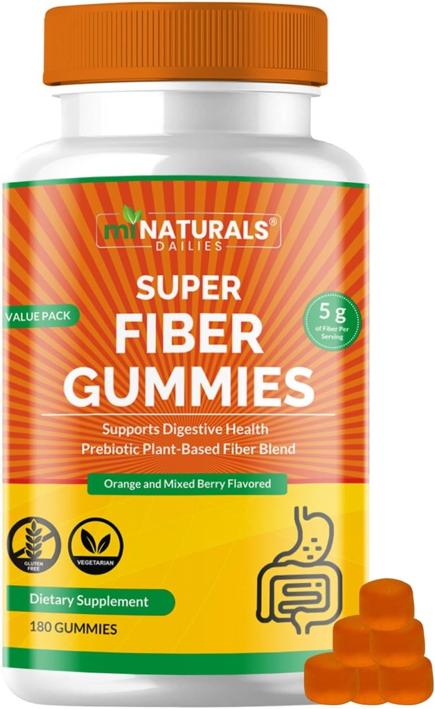MINATURALS Prebiotic Fiber Supplemento Gummies | Value Pack - 180 ct | 5 g per Gummy | Detergente digestivo a base vegetale | Arancione e bacche miste