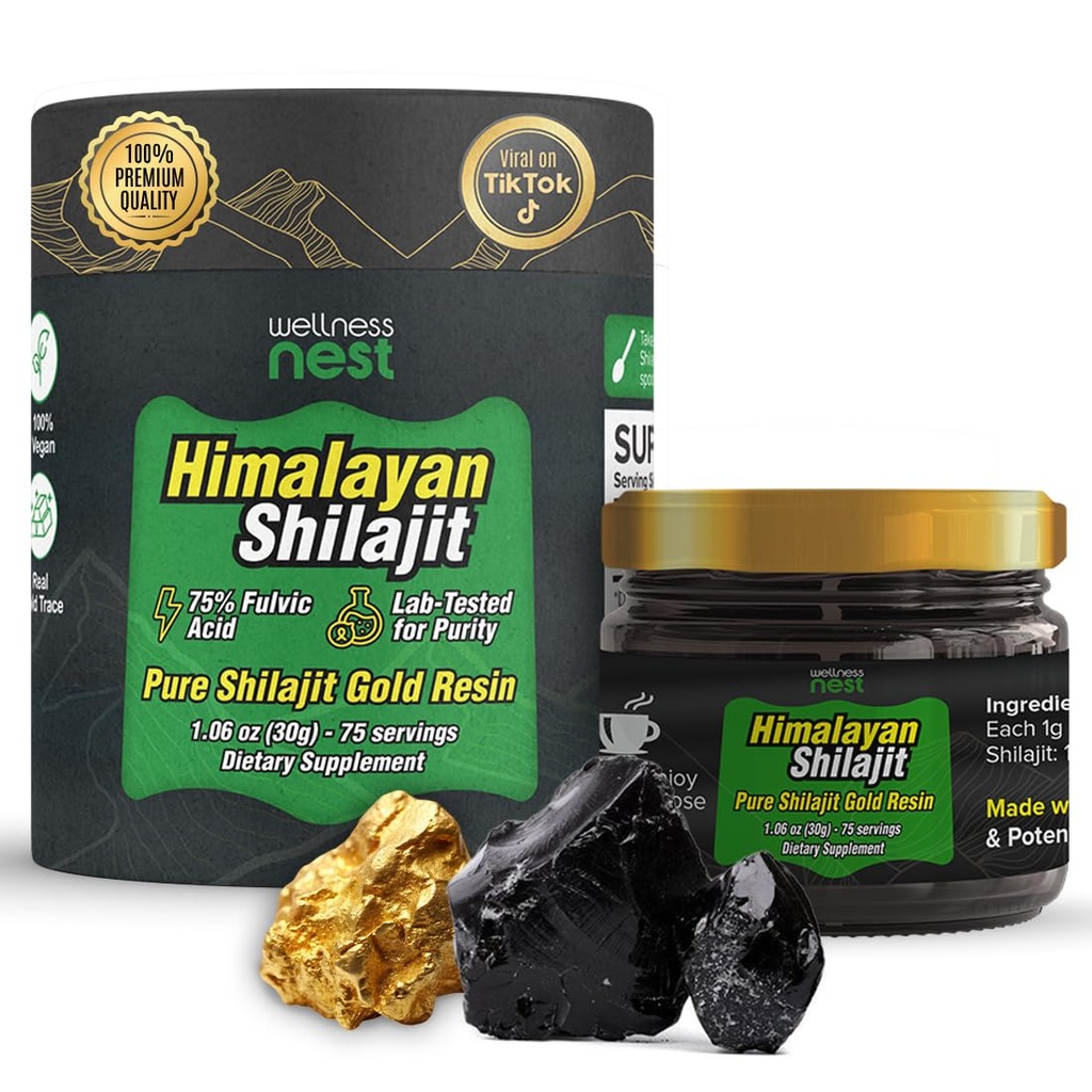 Benessere Nest Gold Grade Pure Himalayan Shilajit Resina: Ultimate Potency for Men & Women - 24k Gold, 75%+ Acido Fulvico, Lab Test Report Incluso - 30g (1 pacchetto), 75 Servings