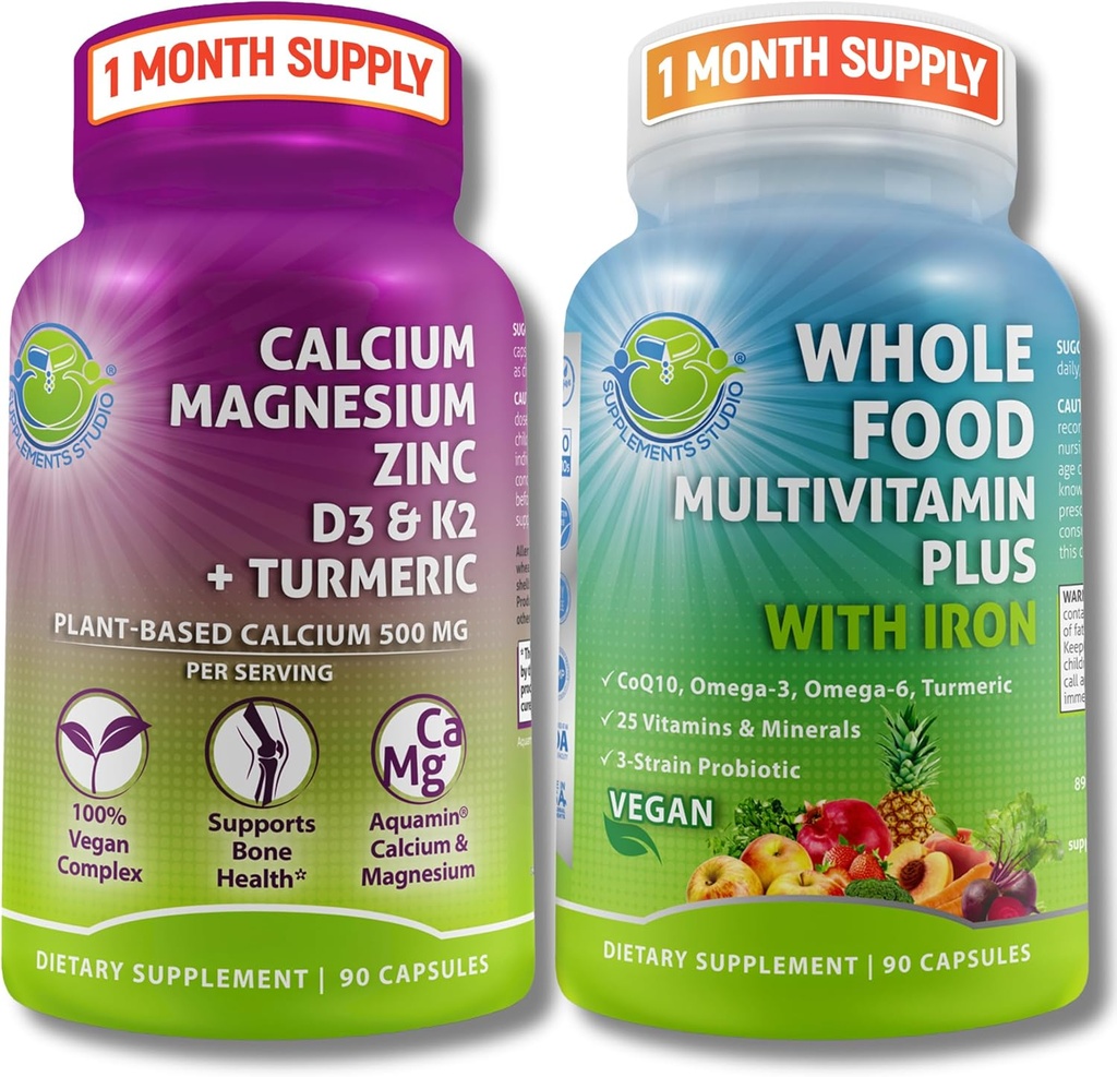 Vegan Whole Food Multivitamin con Iron + Plant-Based Calcium, Magnesio, Zinc, D3, K2 & Turmeric – Vegan Daily Support for Energy, Bone Health, Immunity & Global Wellness Trio