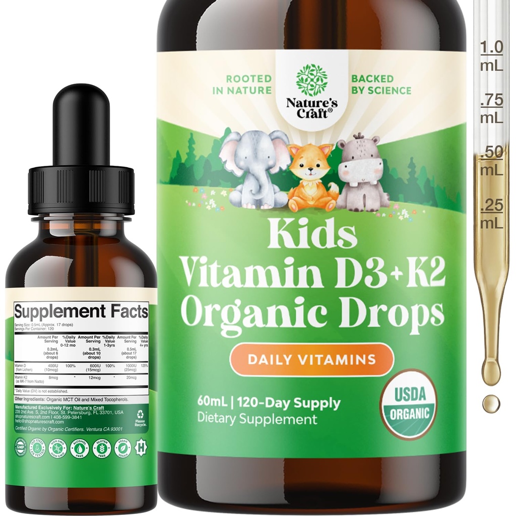 Natura Artigianato bambini Vitamina D3 K2 Gocce - Vitamina D organica per bambini per ossa forti e articolazioni - Infanti, bambini & Toddler Supporto immunitario Gocce Supplemento liquido - 60 ml Bottiglia