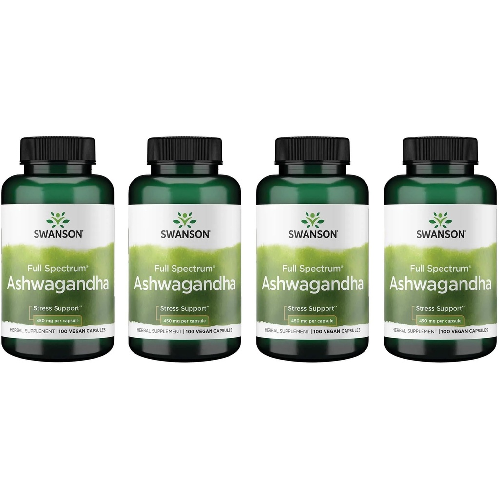 Swanson Ashwagandha Powder Supplement - con Ashwagandha Root per promuovere lo stress e l'energia - supplemento ayurvedico per il benessere naturale (100 capsule, 450 mg ogni) 4 Pack