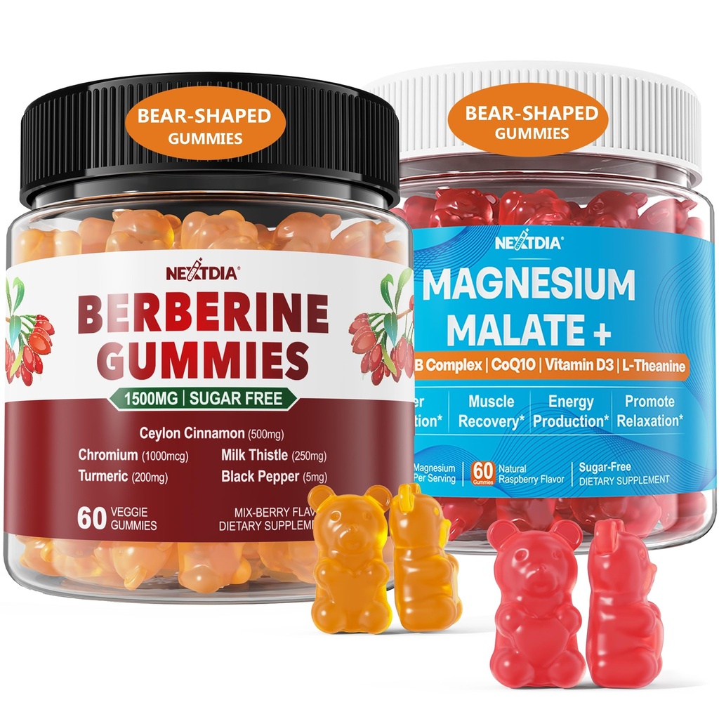 2Pack Berberine Supplemento Gummies 1500mg + 2Pack Magnesio Malato con CoQ10-100mg Gummies