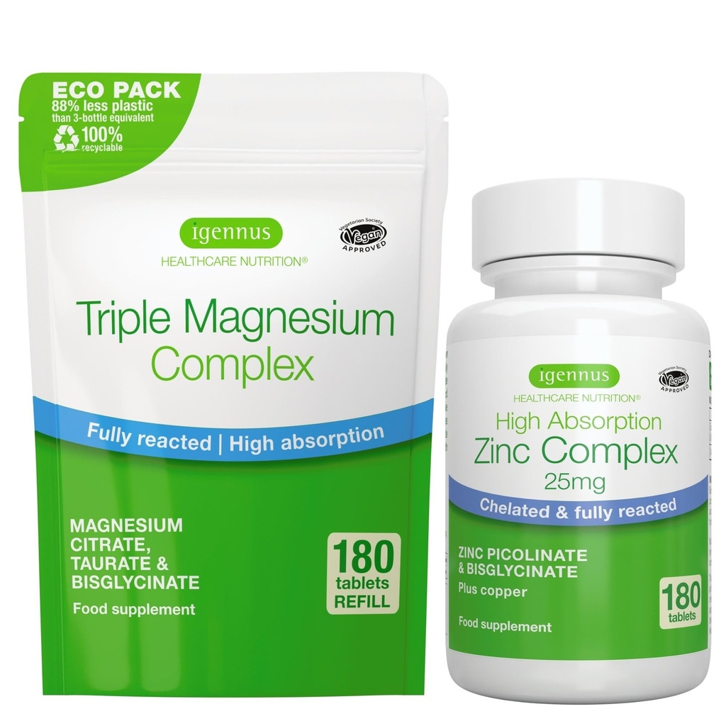 Triple Magnesium Complex 180 Compresse + Zinc Complex Vegan Bundle, Alto assorbimento Magnesio Chelato + 25mg Zinco Chelato Picolinate & Bisglycinate con Rame, di Igennus